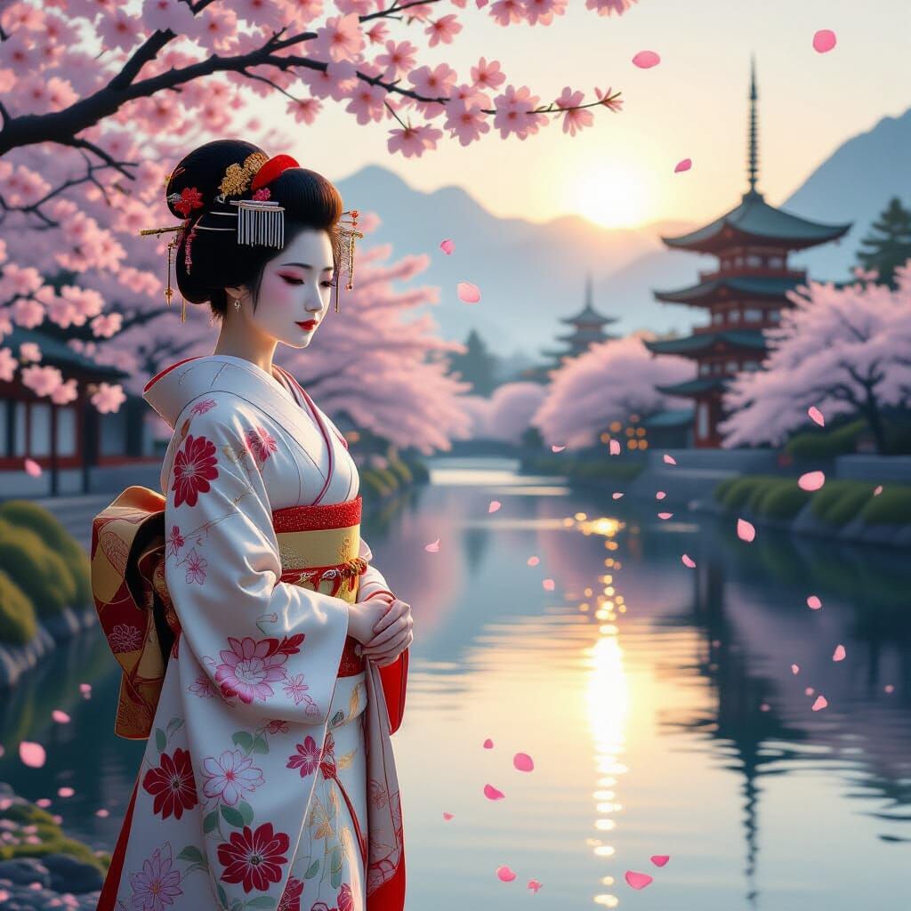 Serene Geisha by River at Sunrise