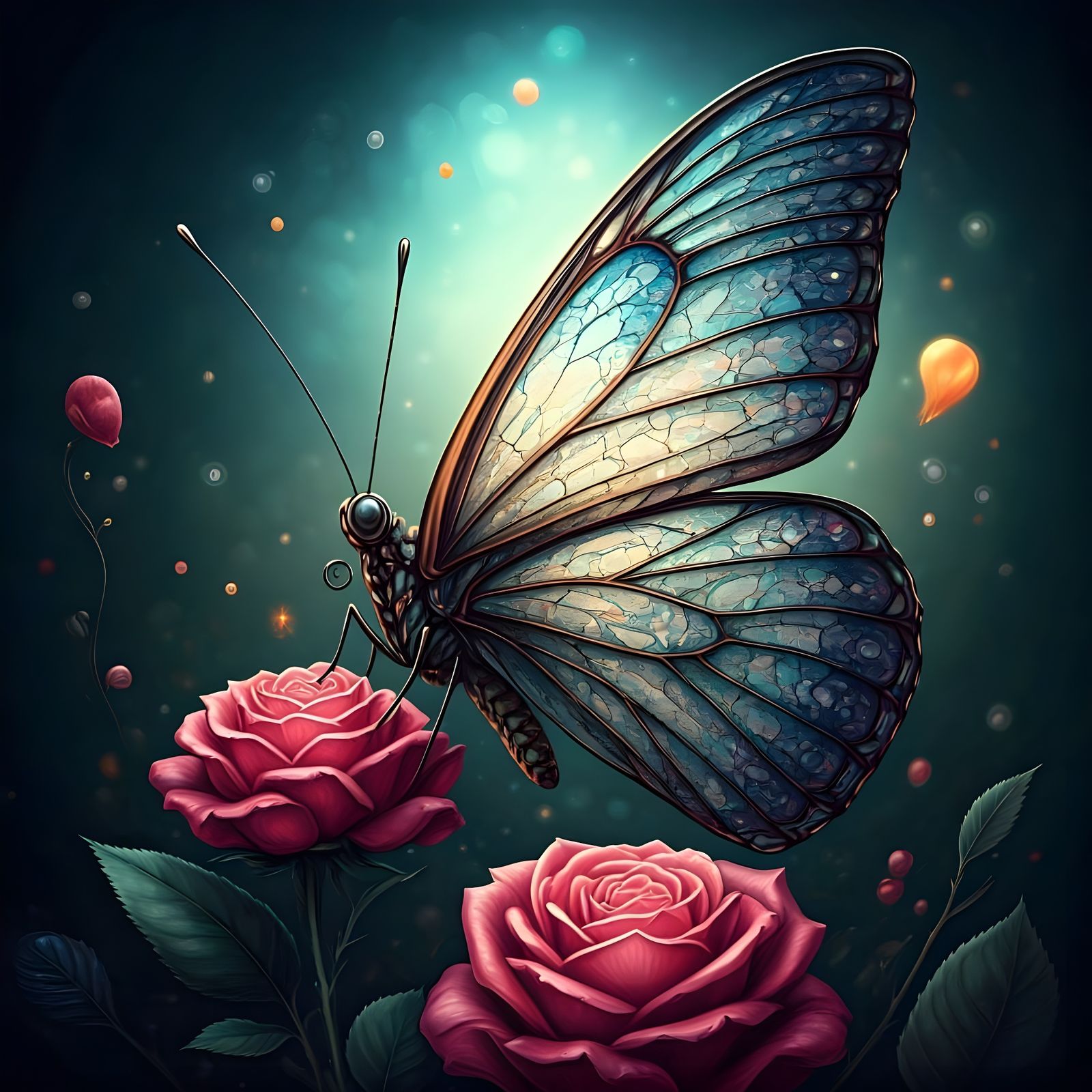 Vibrant Stained Glass Butterfly on Delicate Rose Stem