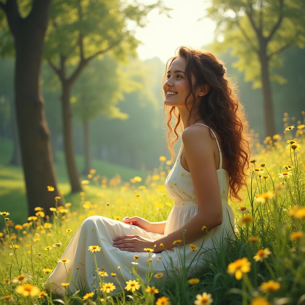 Woman in Daisy Dress on Sunny Hill, Matte Painting