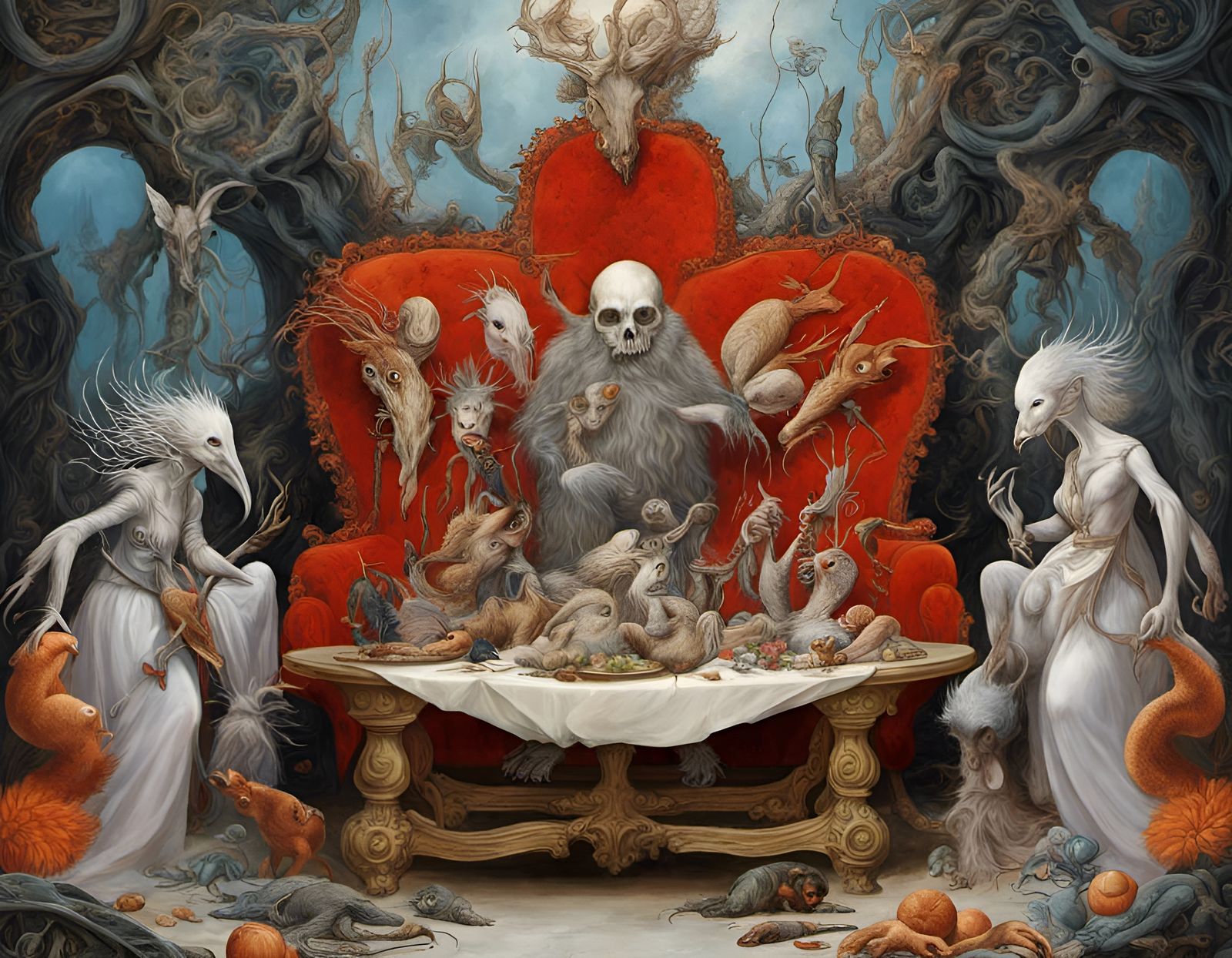 Cryptid Taxidermy in Primitive Structure, Oil Painting