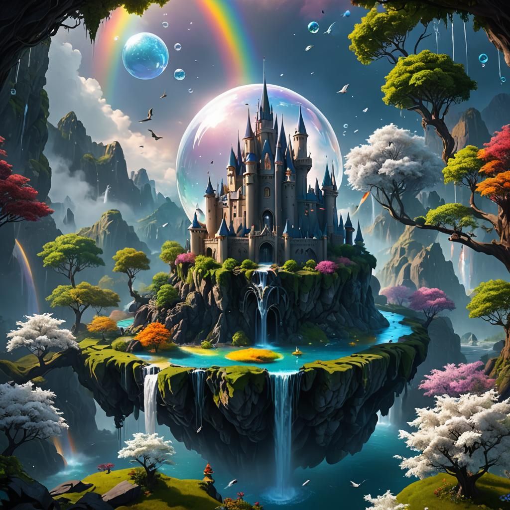 Floating Island Castle with Rainbow, Detailed Matte Painting