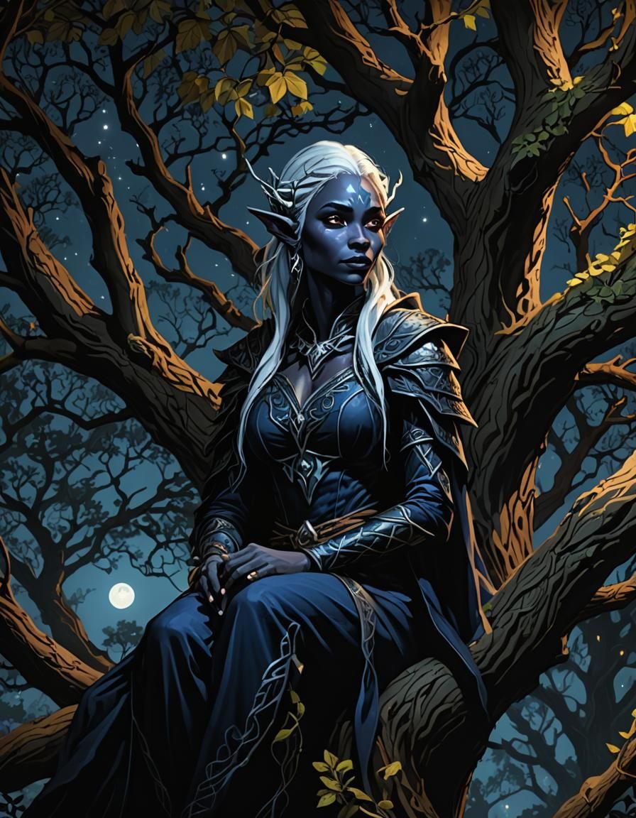 Drow Elf Druid in Oak Tree at Night