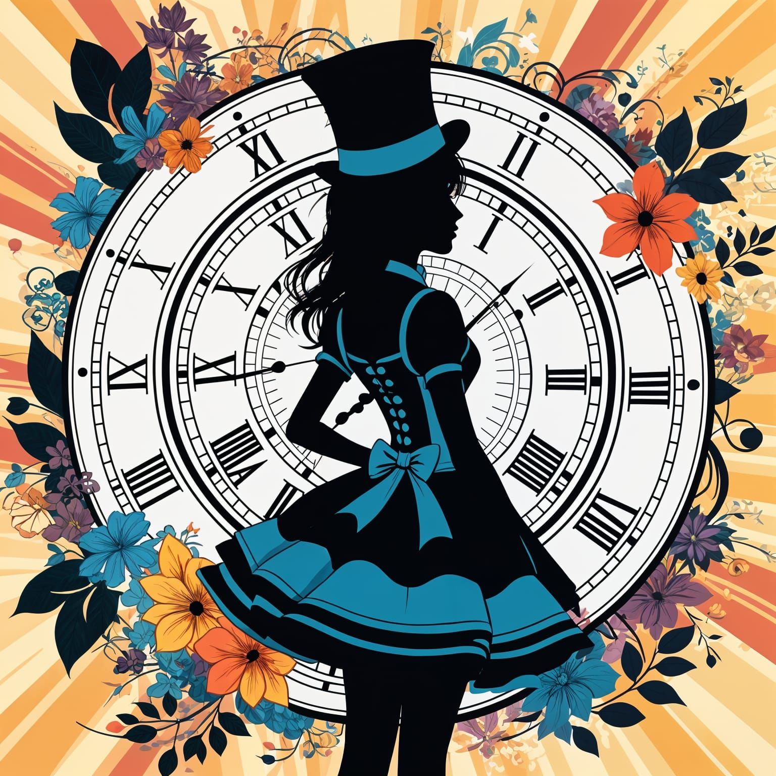 Girl in Top Hat Amidst Ticking Clock