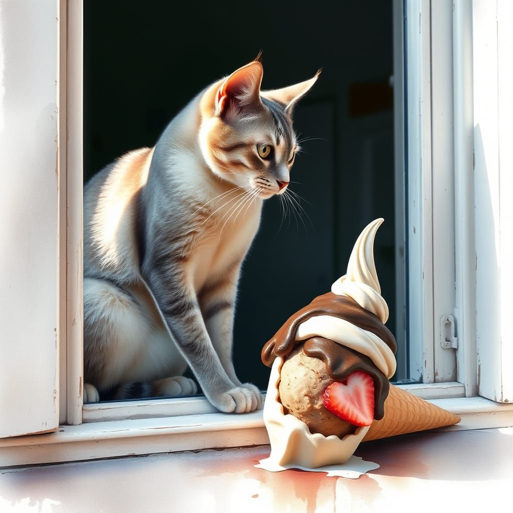 Cat Gazing at Ice Cream, Expressive Watercolour Art