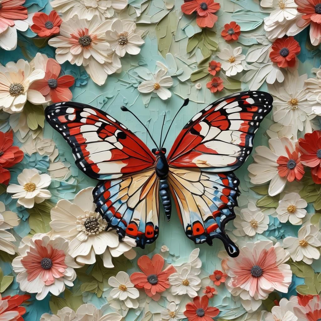 Impasto Pop Art: Butterfly and Red Flowers