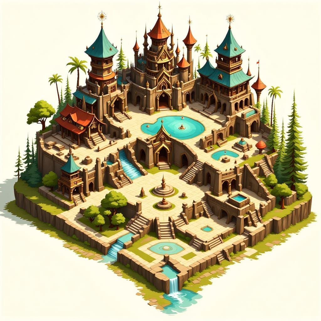 Isometric Map of Wizard's Tower with Magical Creatures