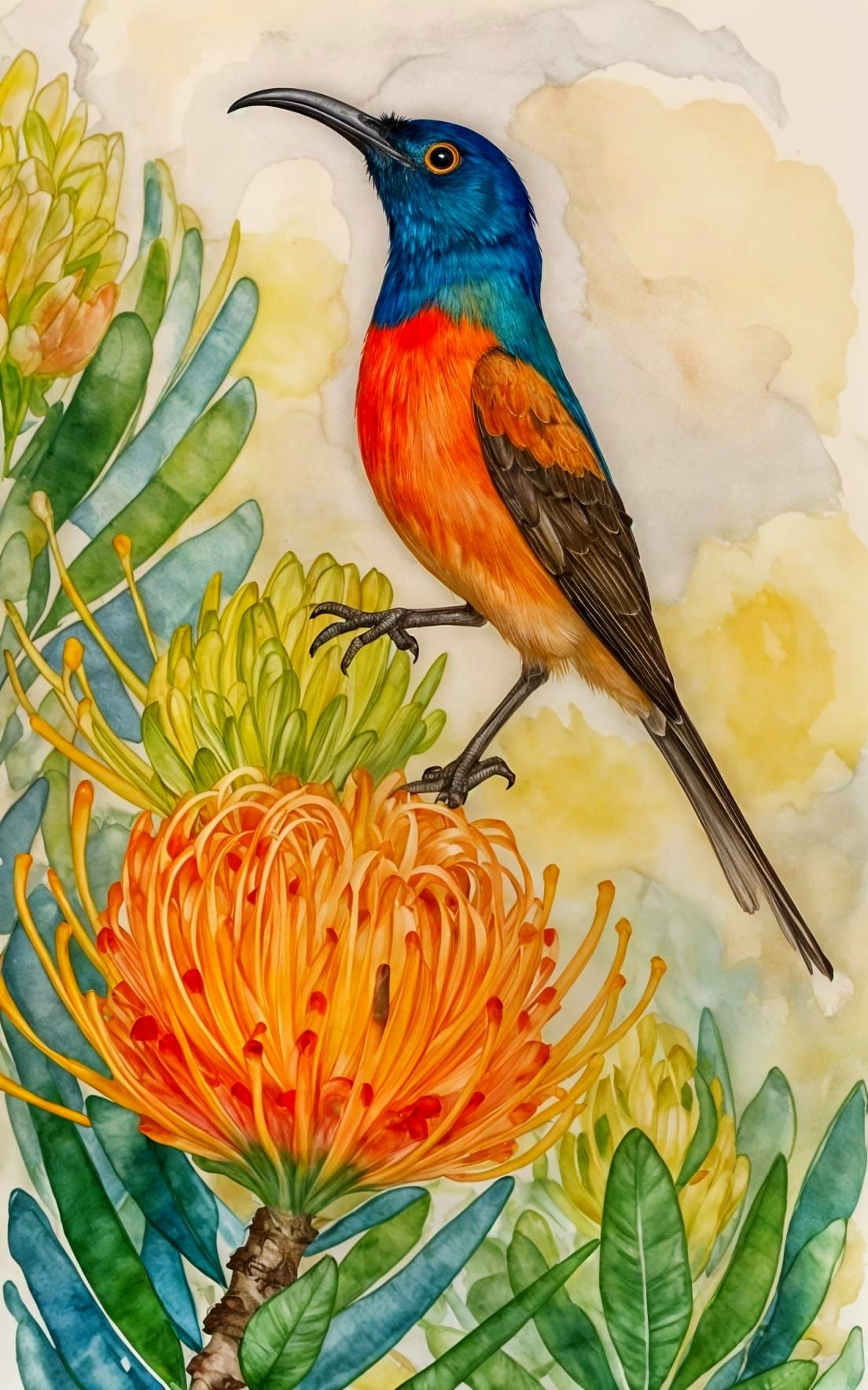 Sunbird on Protea - watercolour painting