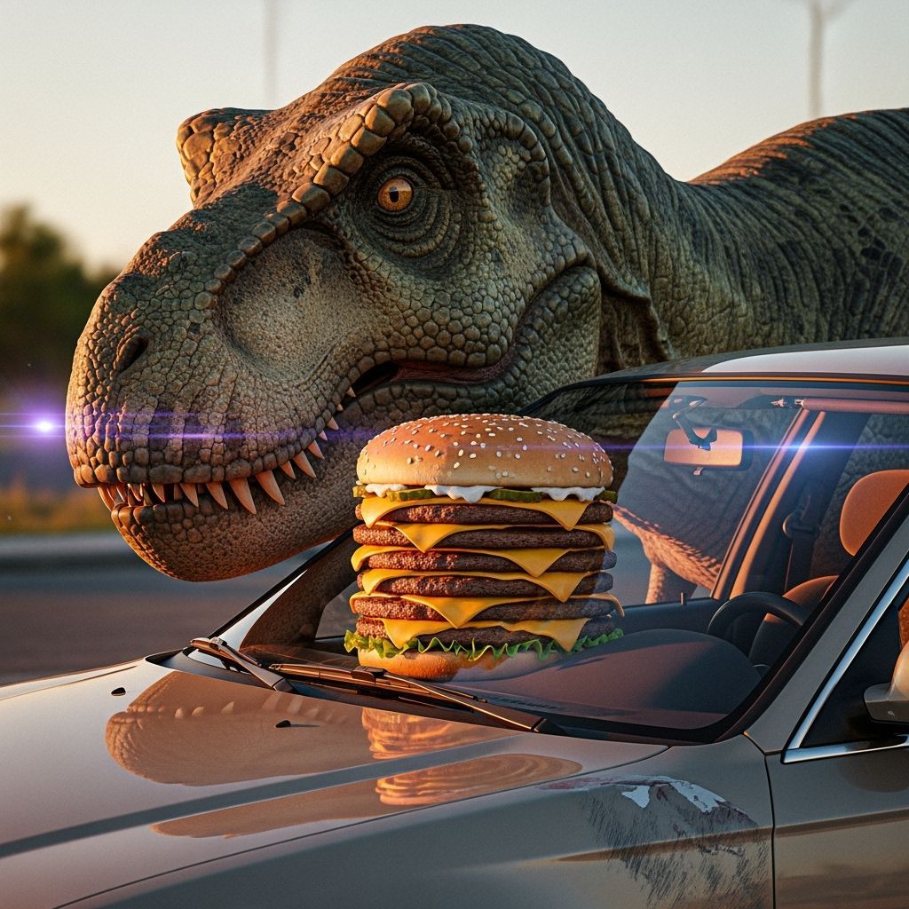 T-Rex in Car with Giant Burger