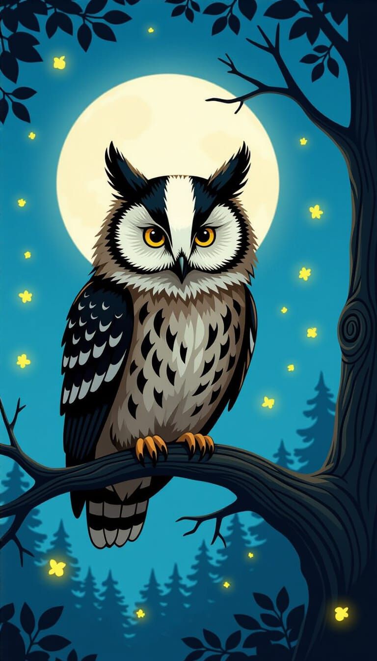 Wise Owl in Badger Mask Overlooking Moonlit Forest