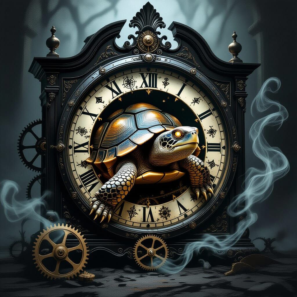 Wise Turtle Trapped in Ornate Grandfather Clock