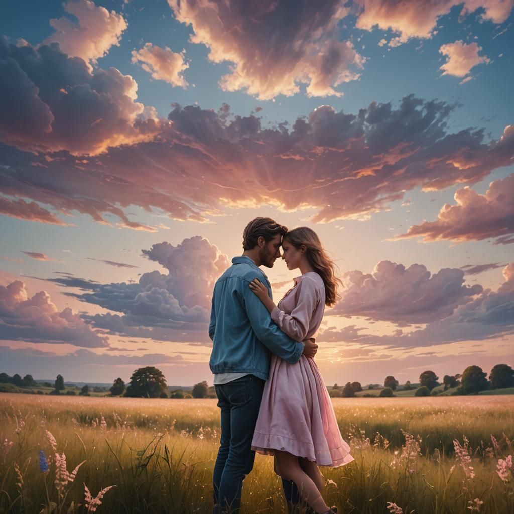 Couple Embrace in Summer Sunset: Digital Matte Painting