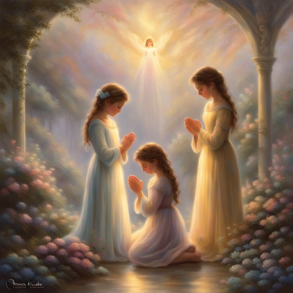 Ethereal Girls Praying in Golden Light