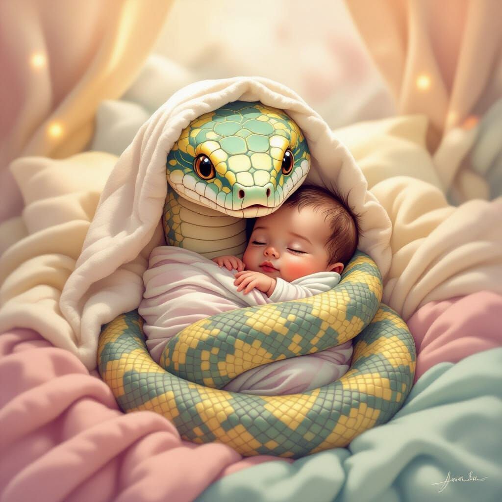 Surreal Snake with Baby Head in Pastel Colors