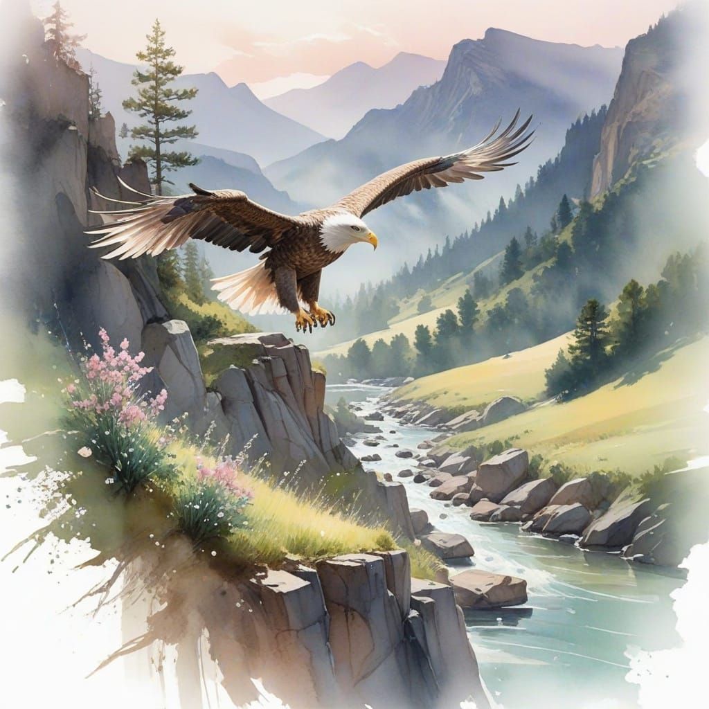 Majestic Eagle Over Highlands in Pastel Watercolor