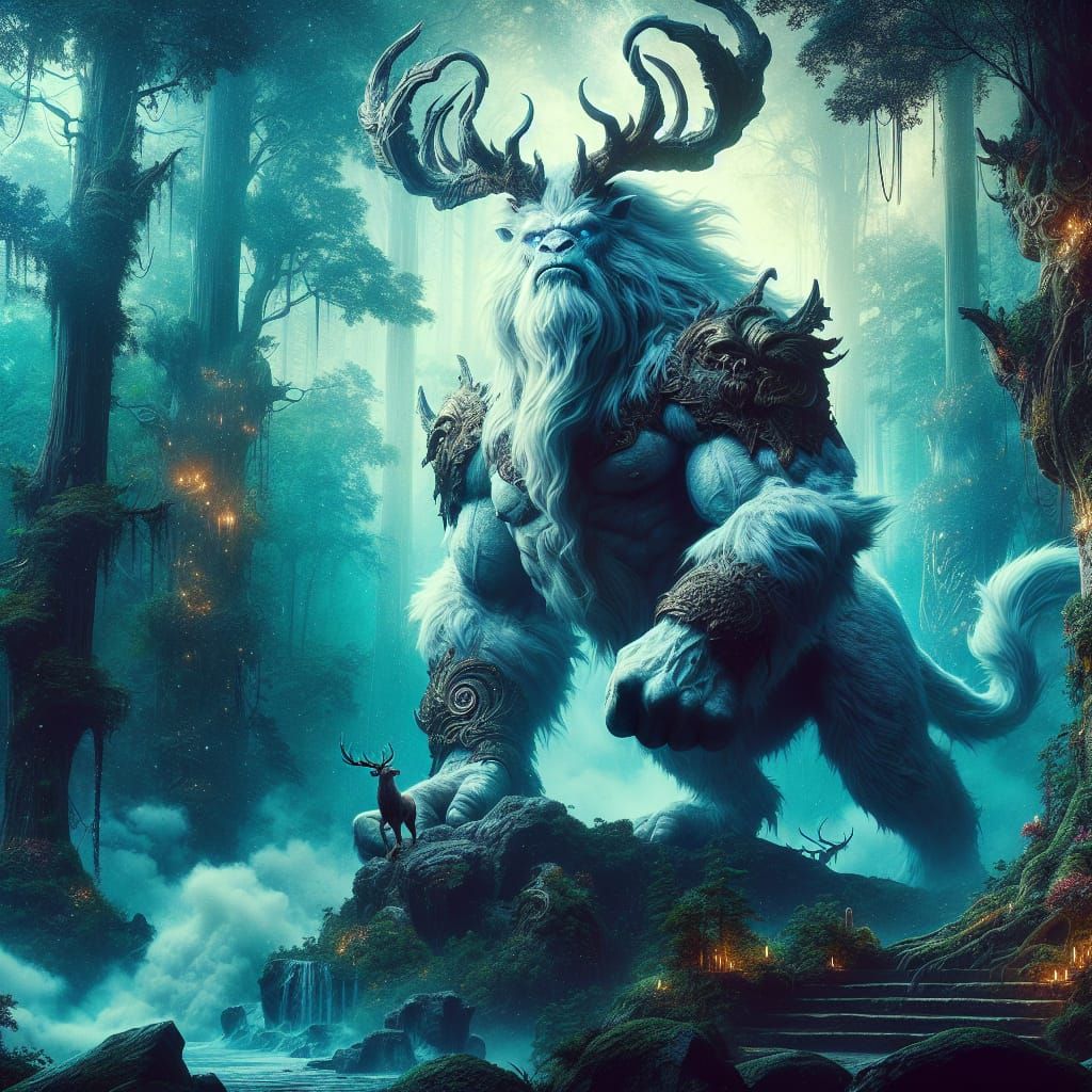 Majestic Stag-Gorilla Guarding Mystical Forest