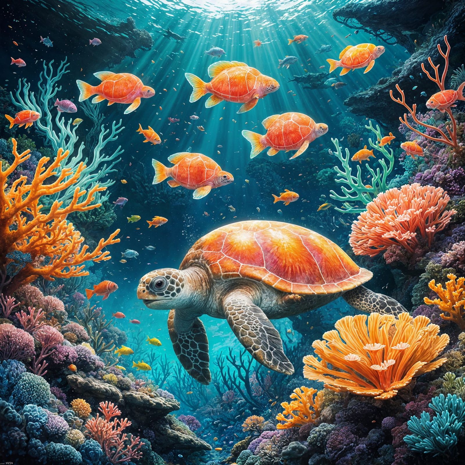 Vibrant Iridescent Coral Reef Graffiti Art
