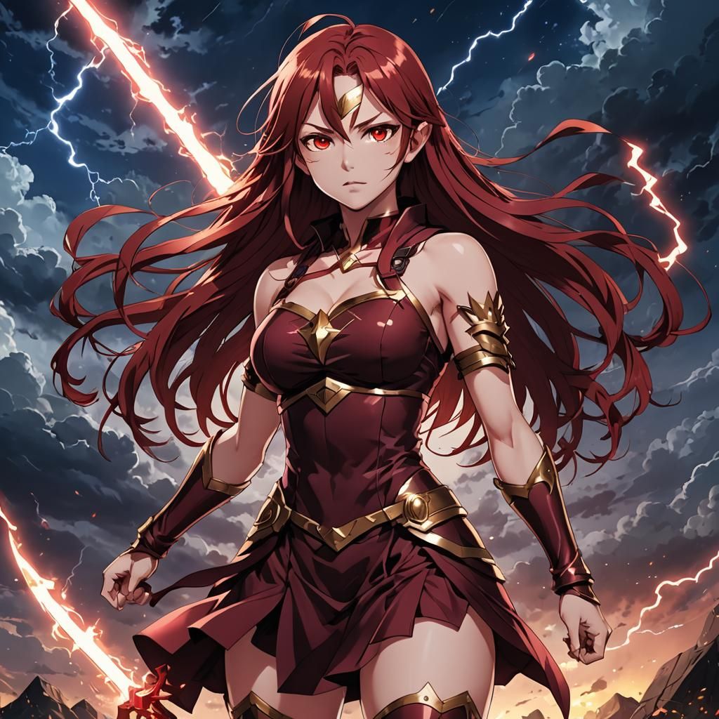Anime Female Warrior with Red Eyes and Lightning