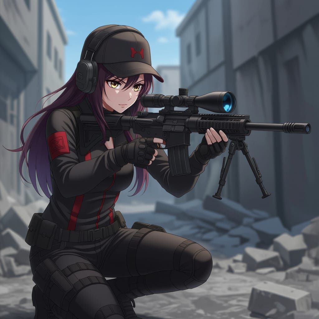 Anime Sniper Girl in Grimy Urban Setting