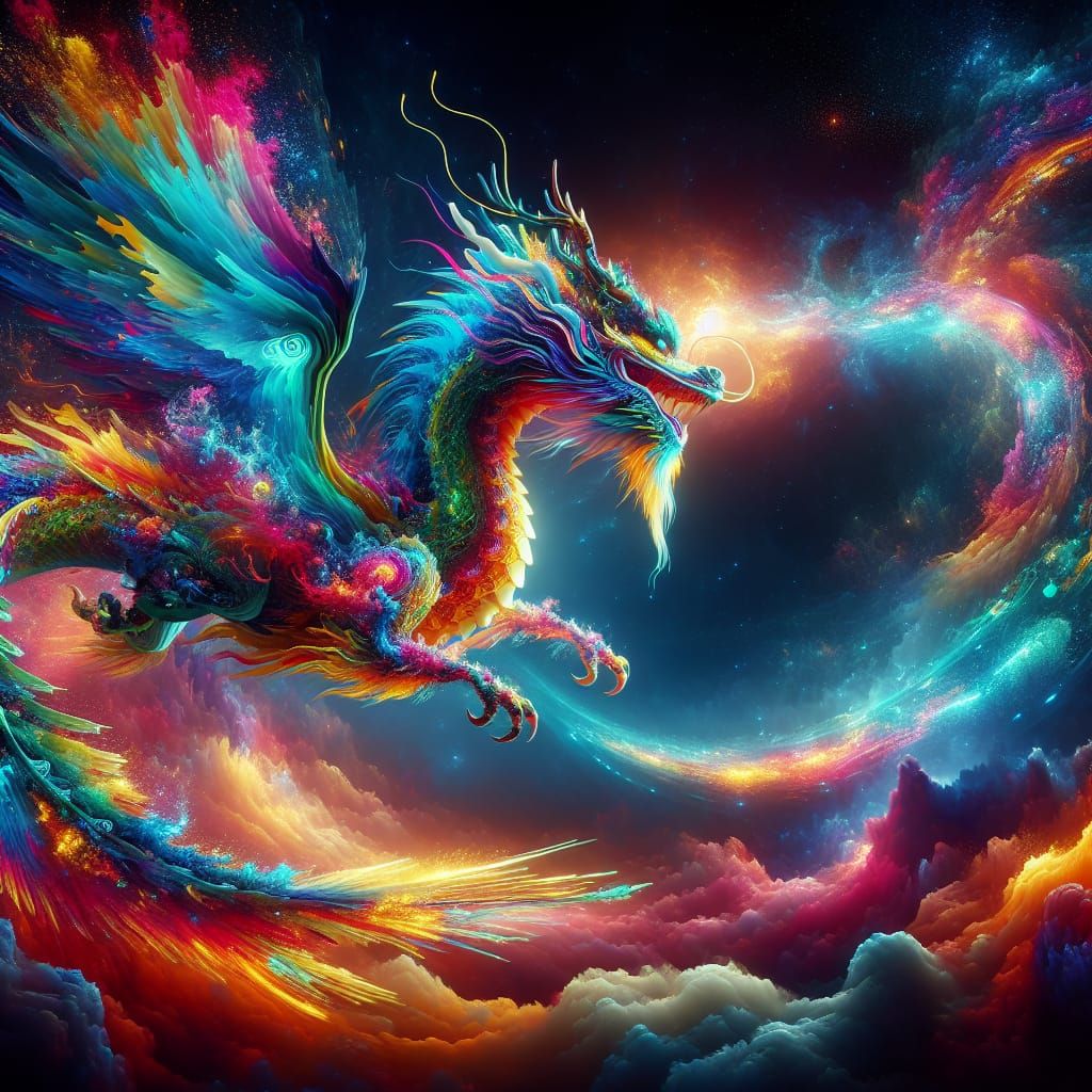 Kaleidoscopic Dragon Flight in Neon Space: Splash Art
