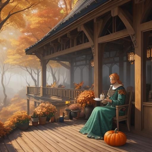 Whimsical Autumn Tea Scene in Digital Art Style