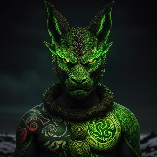 Stunning Celtic Godzilla entirely covered with traditional Celtic tattoos. Green eyes and ears. Red moon, fire, flames. ...
