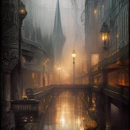 Victorian Stone Bridge with Filigree Lanterns