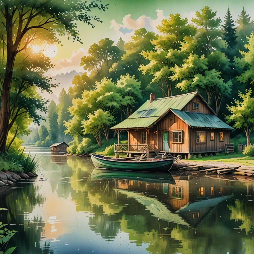 Idyllic Riverside Cabin in Airbrush Art Style