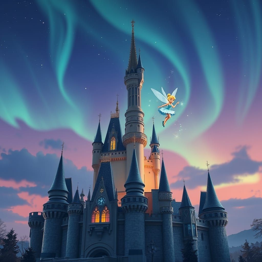Disney Castle with Northern Lights and Tinkerbell