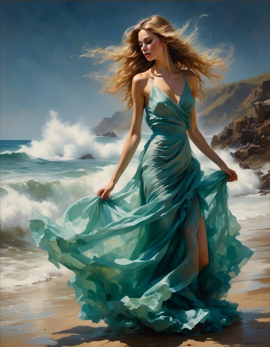 <lora:Mimibairs:1.0> <lora:Beautiful Visions:1.0> photo realistic waves on a beach form into a girl with long flowing ha...