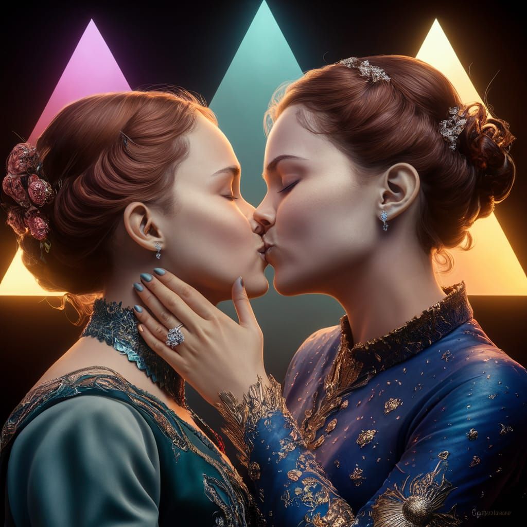 Girls Kissing: Hyper-Detailed Art Nouveau Portrait