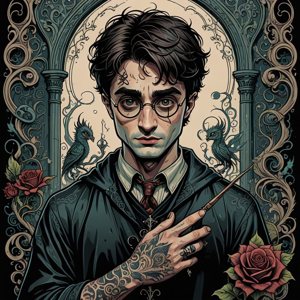 Gothic Harry Potter Tattoo Art with Whimsical Horror