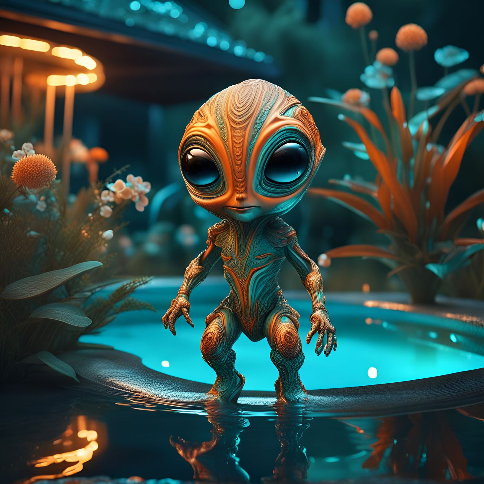 Intricate Baby Alien Emerges at Night