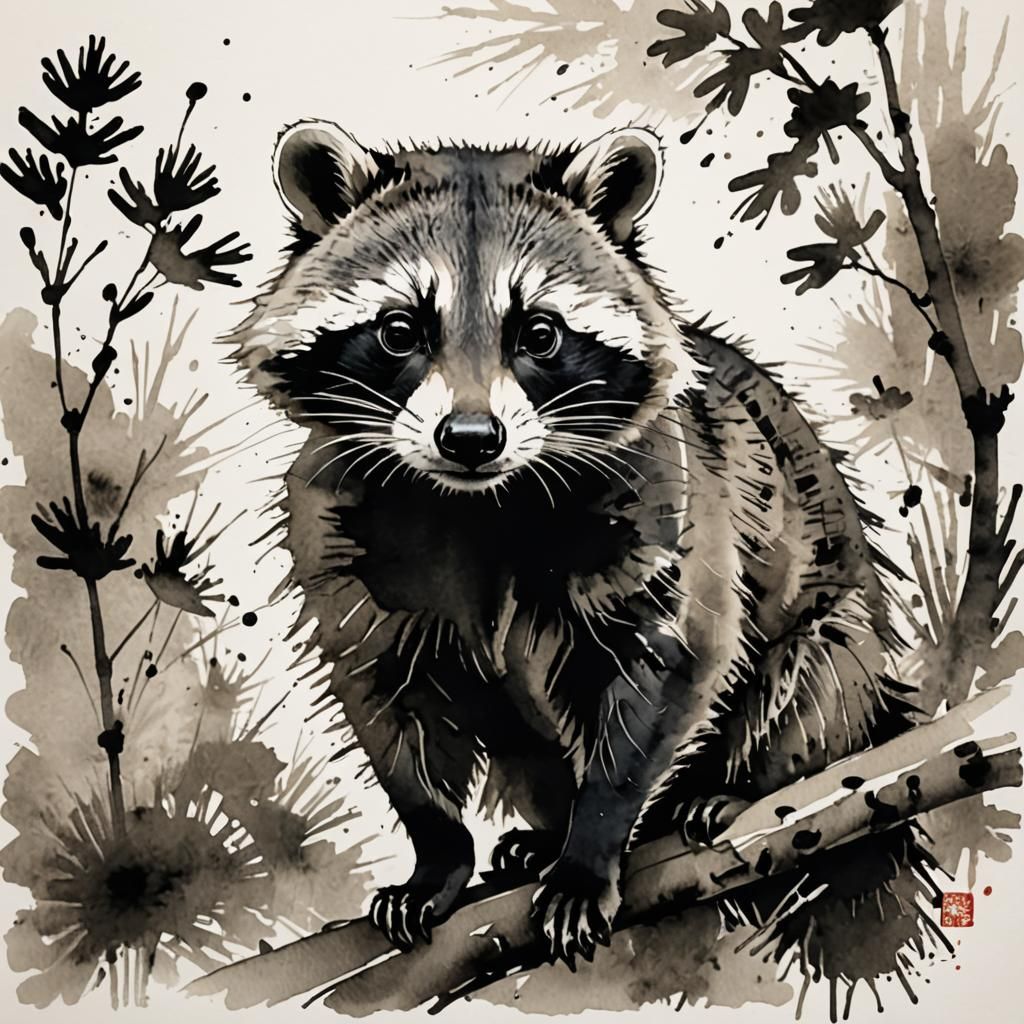 Raccoon in Sumi-e Ink Painting with Calligraphy