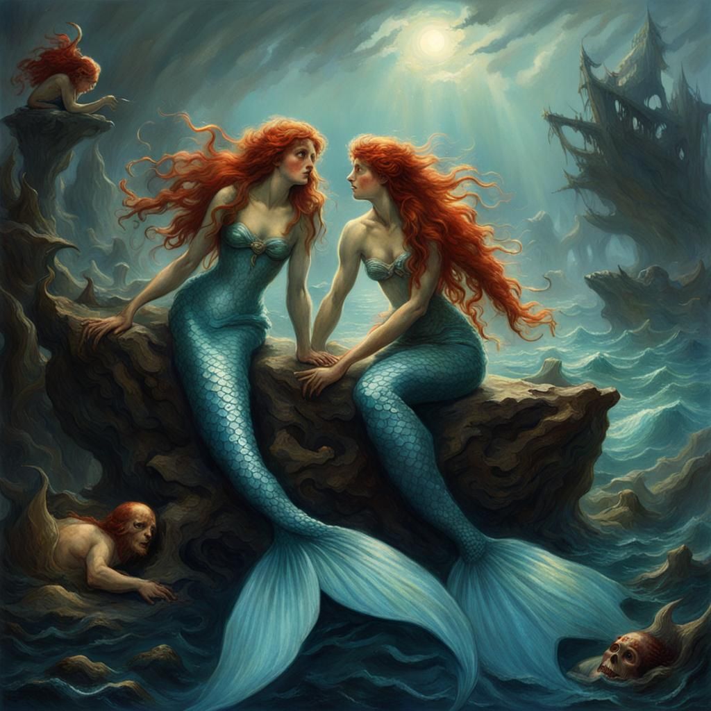Red and Blue Haired Mermaids in Horror Style