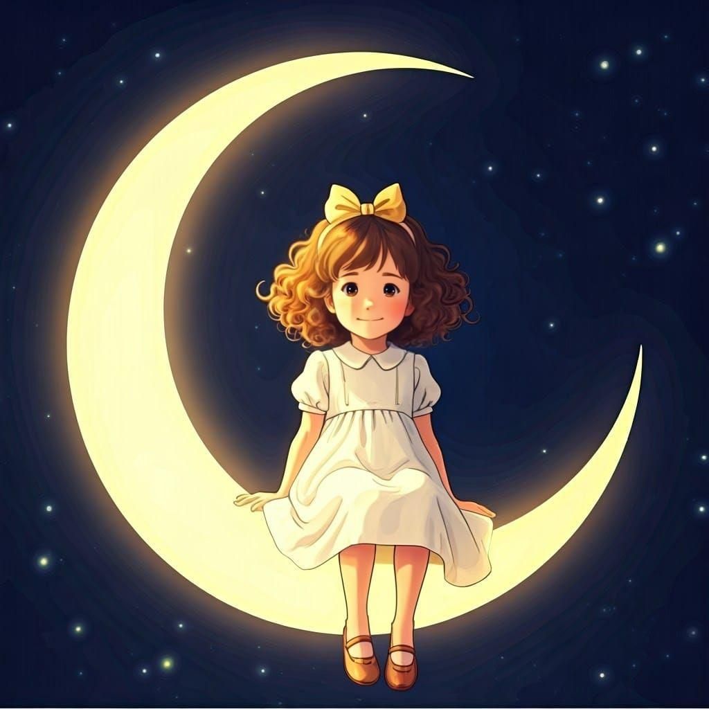 Cute Girl on Moon in Anime Style