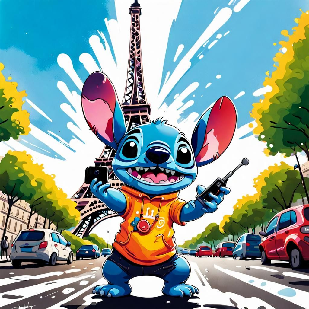 Stitch Selfie at Eiffel Tower, Graffiti Art