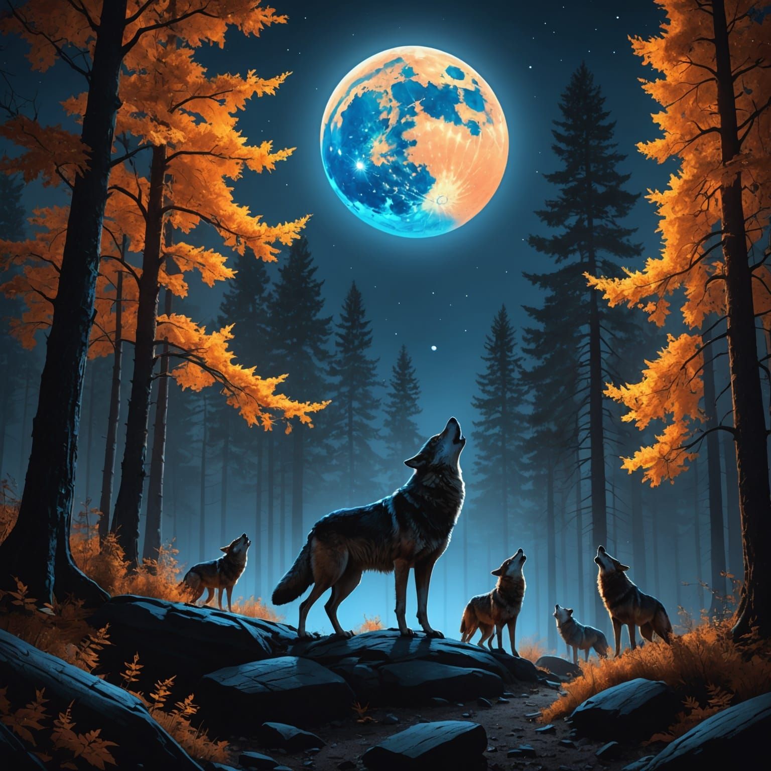 Wolves Howling at a Giant Moon in Forest