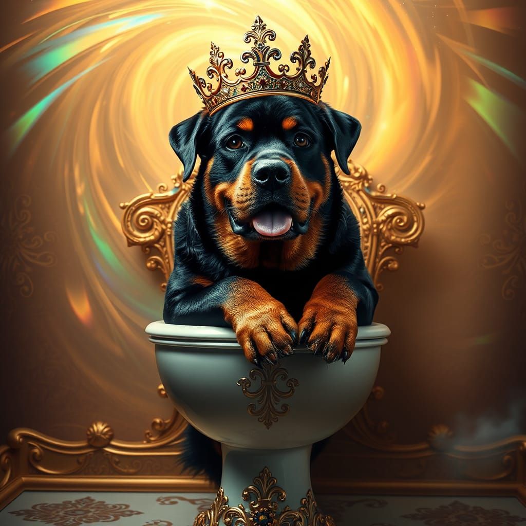Rottweiler King on Golden Throne in Dreamlike Realm