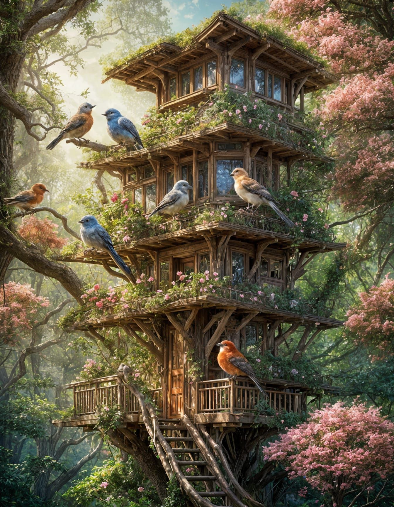 Birds in Treehouse Inspired by Frank Lloyd Wright