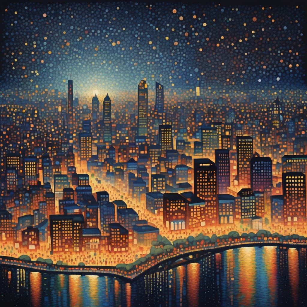 Seurat-Inspired Cityscape: Modern Metropolis at Night