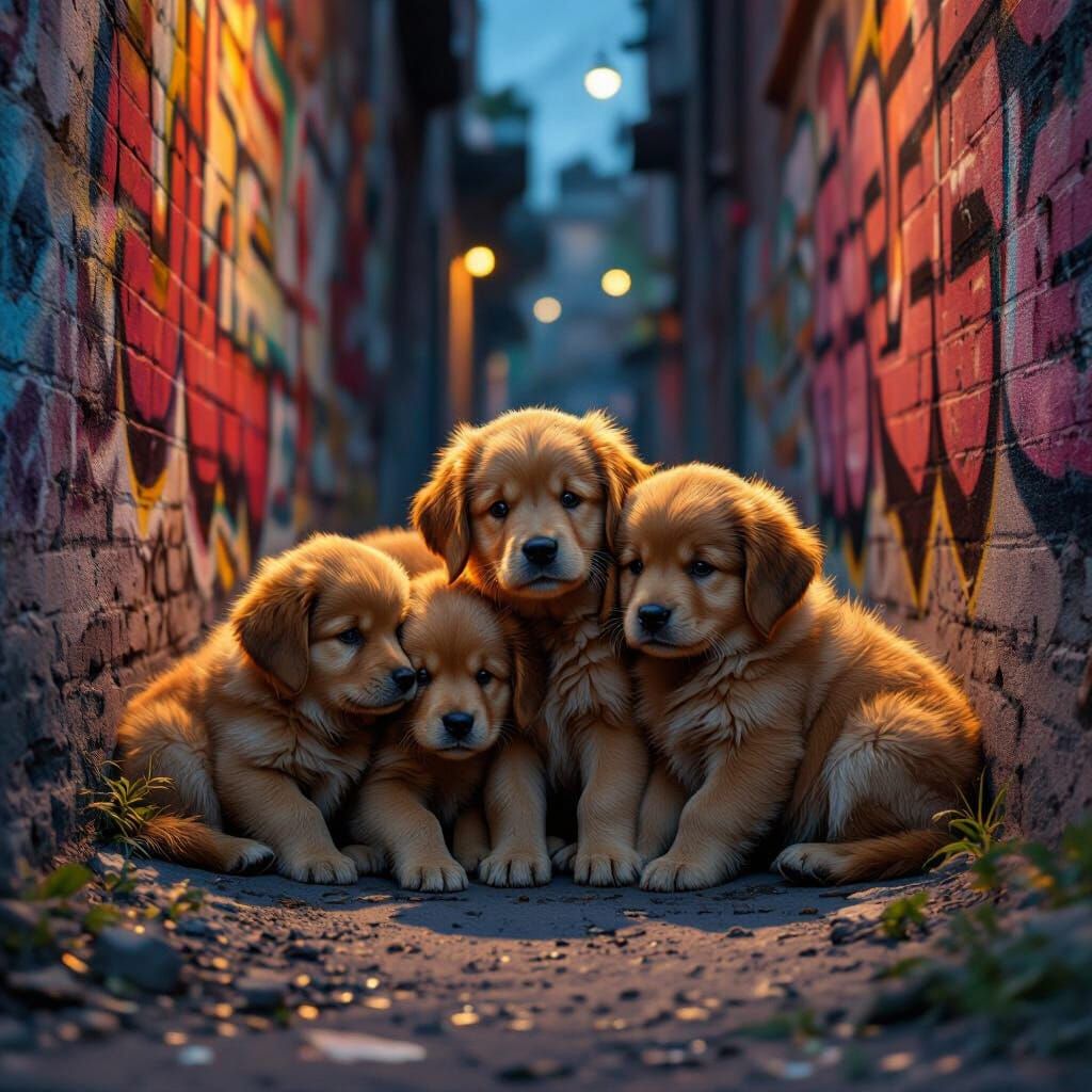 Homeless Puppies in Gritty Alleyway at Dusk