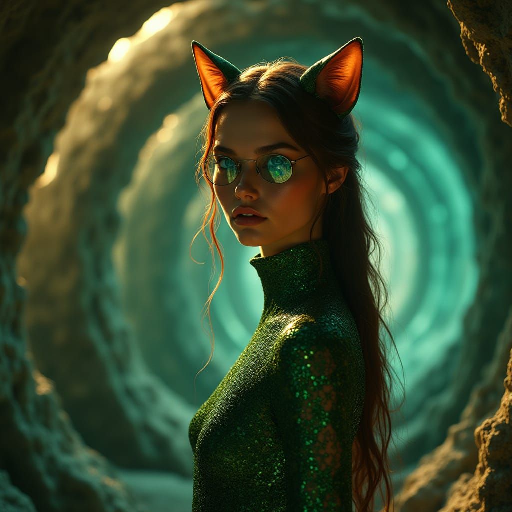 Cyberpunk Cat Woman in Emerald Limestone Cavern