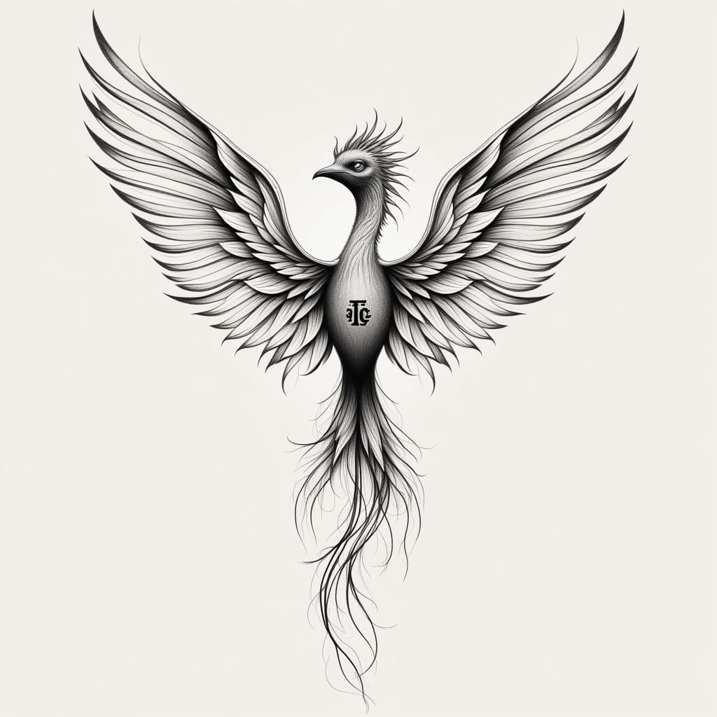 Elegant Phoenix Tattoo Design with Hidden Symbols and Delica...