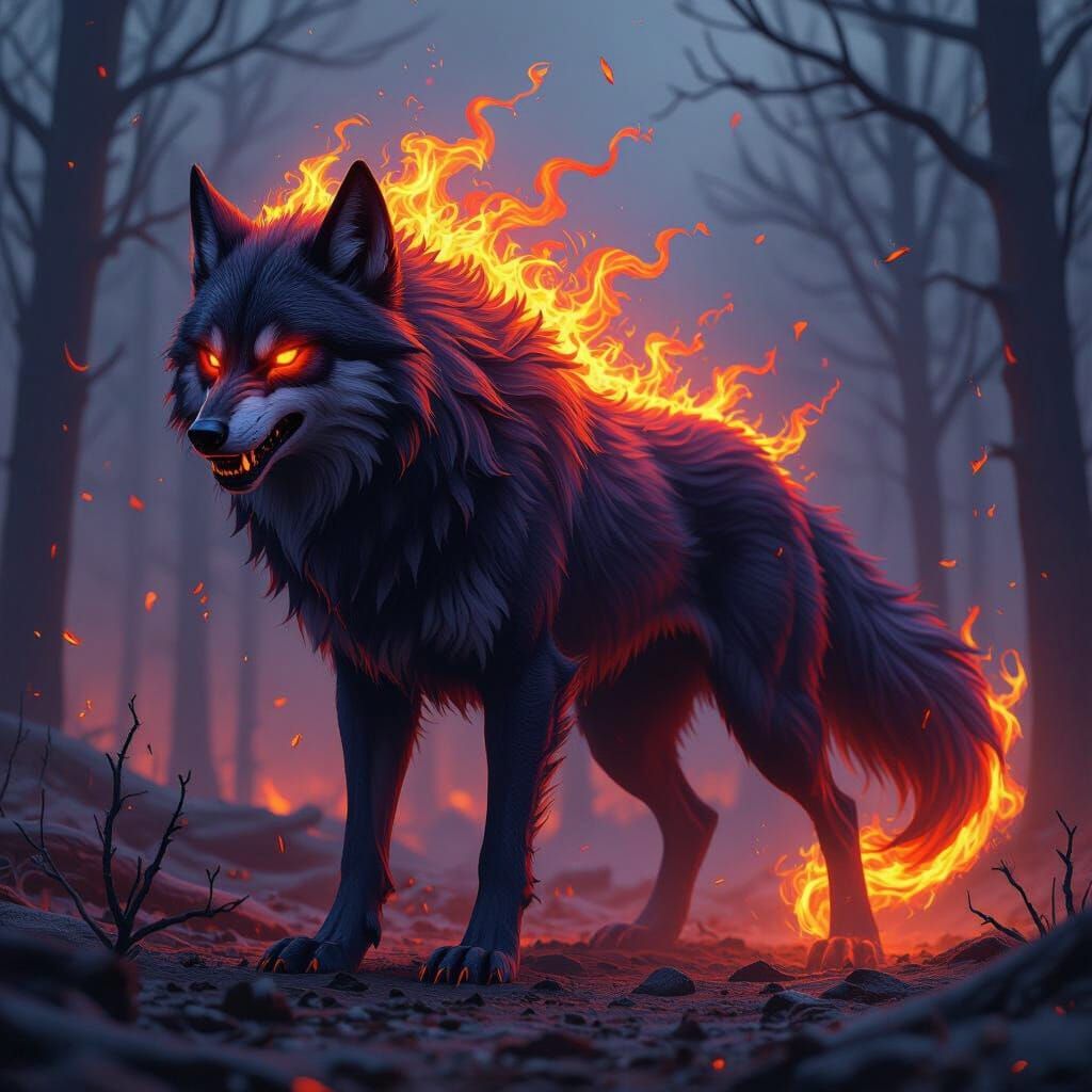 Devil Wolf Amidst Fiery Flames and Ash