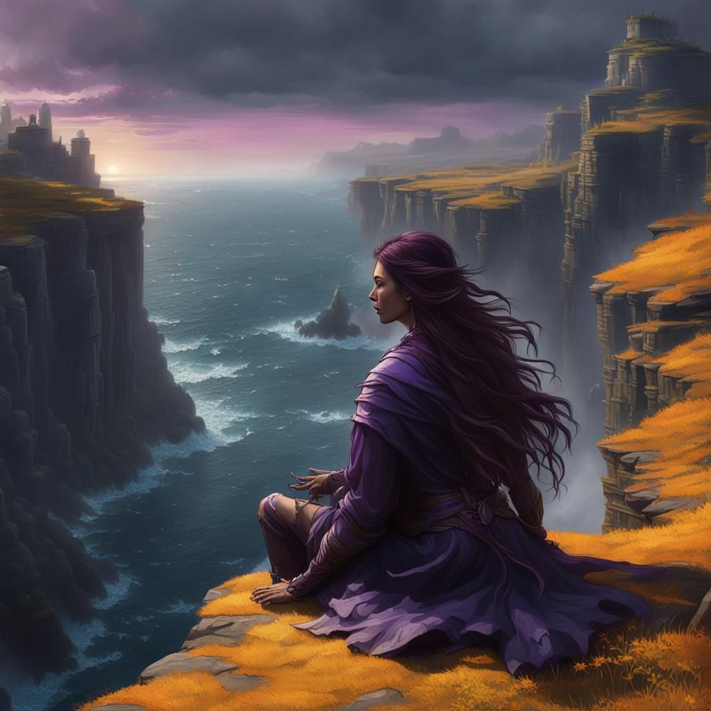 Lonely Girl on Cliff: Dark Fantasy Concept Art