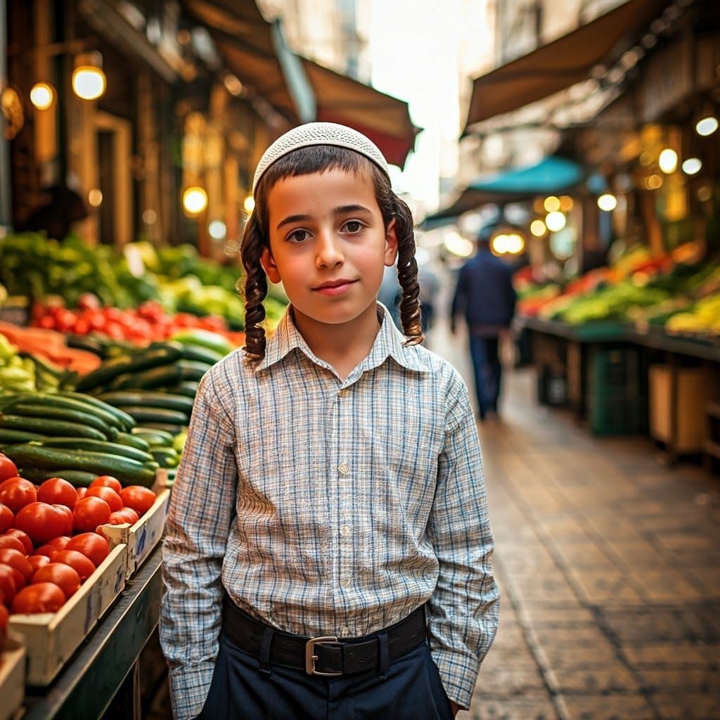 Haredi Boy in Jerusalem Market Scene, Watercolor Style