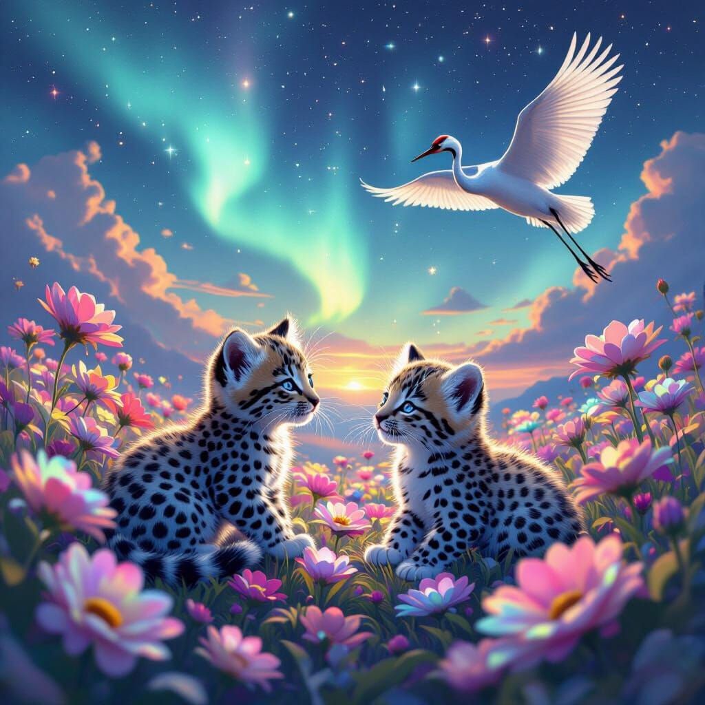 Iridescent Leopard Kittens Play Among Rainbow Flowers