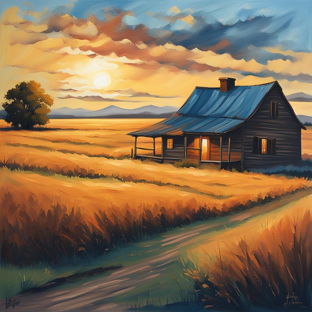 Rustic Ranch House in Impressionist Landscape Painting