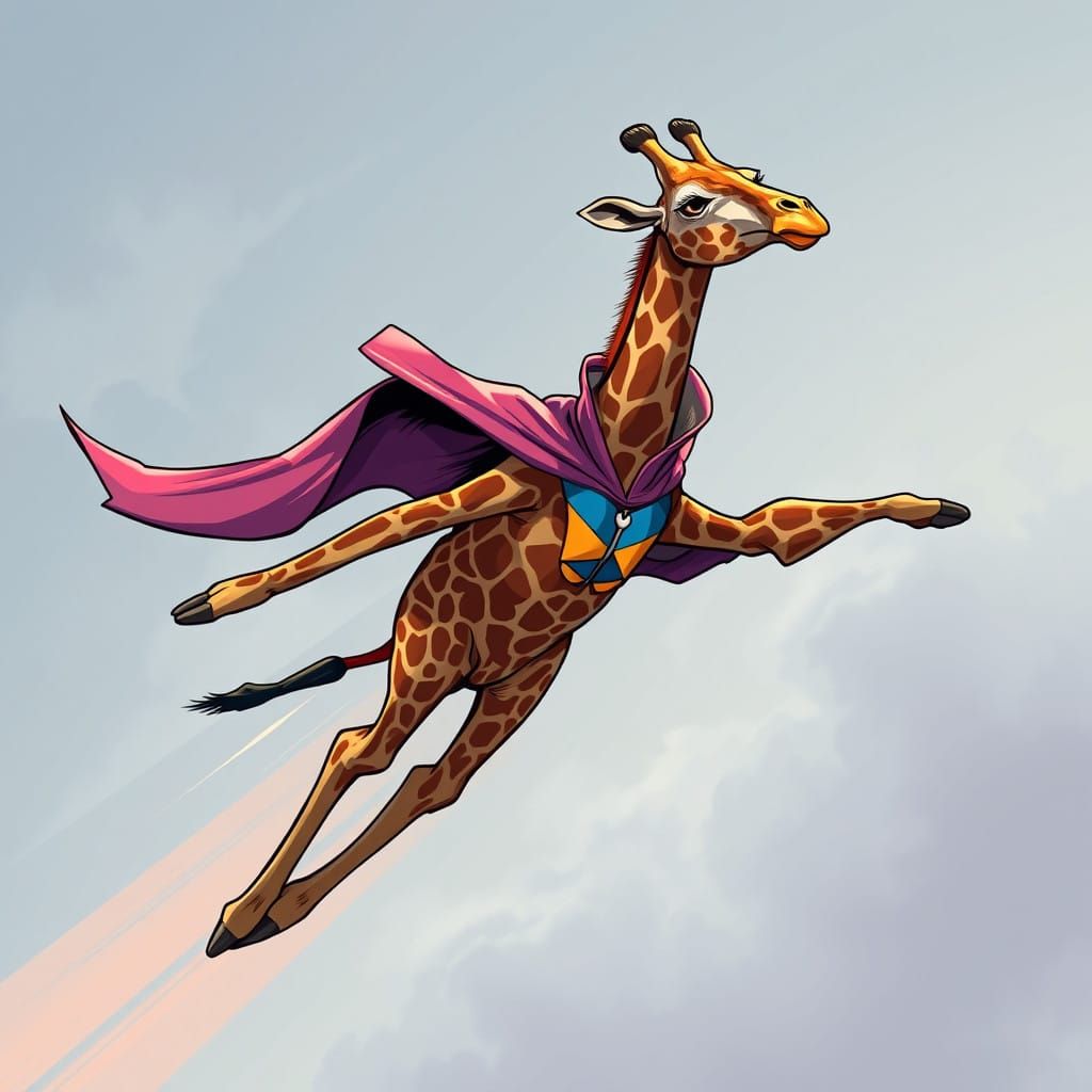 Surreal Superhero Giraffe Soars Through the Air