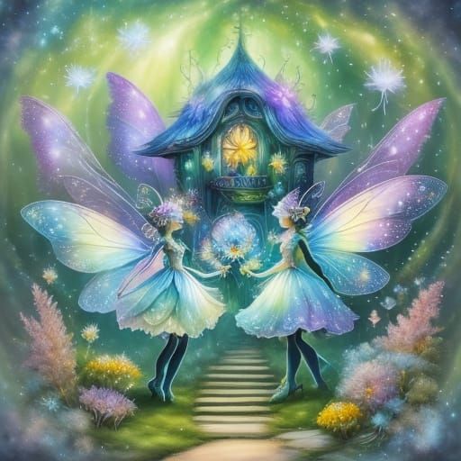 Whimsical Fairies Sprinkling Magic Dust in a Garden
